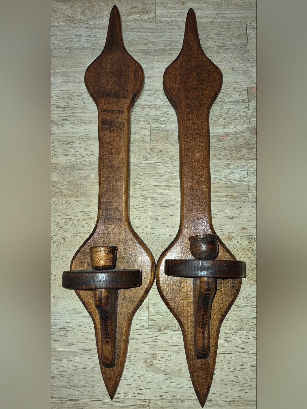 2 Vintage, Handmade Stained Wooden wall Sconces w/ Pegged Candle Cups